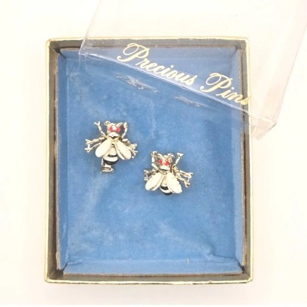 Charming Vintage Bee Enameled Pins Set of 2 Small Brooches Red Eyes‎ Gold Tone